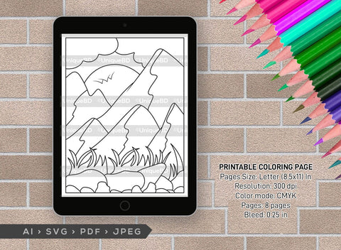 Nature With Mountains Printable Coloring Page Bundle, PDF Colouring Book, Instant Download, CBP00003 SVG ETC Craft 