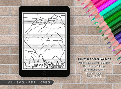 Nature With Mountains Printable Coloring Page Bundle, PDF Colouring Book, Instant Download, CBP00003 SVG ETC Craft 