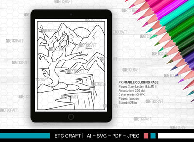 Nature With Mountains Printable Coloring Page, PDF Colouring Book, Instant Download, CBP00003 SVG ETC Craft 