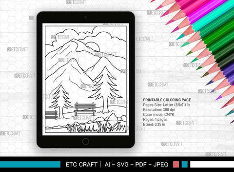 Nature With Mountains Printable Coloring Page, PDF Colouring Book, Instant Download, CBP00003 SVG ETC Craft 