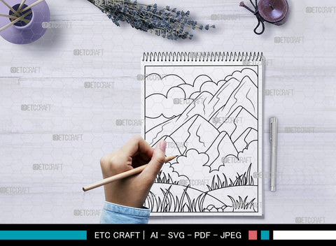Nature With Mountains Printable Coloring Page, PDF Colouring Book, Instant Download, CBP00003 SVG ETC Craft 