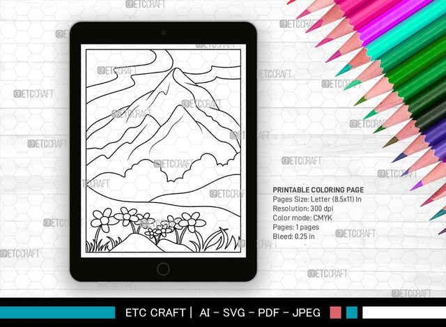 Nature With Mountains Printable Coloring Page, PDF Colouring Book, Instant Download, CBP00003 SVG ETC Craft 