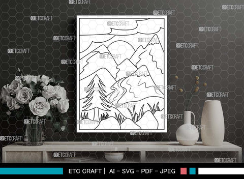 Nature With Mountains Printable Coloring Page, PDF Colouring Book, Instant Download, CBP00003 SVG ETC Craft 