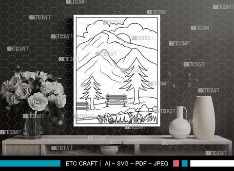 Nature With Mountains Printable Coloring Page, PDF Colouring Book, Instant Download, CBP00003 SVG ETC Craft 