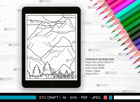 Nature With Mountains Printable Coloring Page, PDF Colouring Book, Instant Download, CBP00003 SVG ETC Craft 