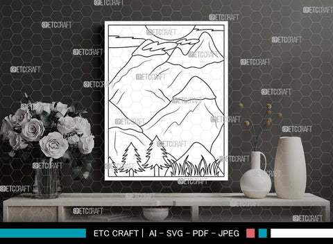 Nature With Mountains Printable Coloring Page, PDF Colouring Book, Instant Download, CBP00003 SVG ETC Craft 