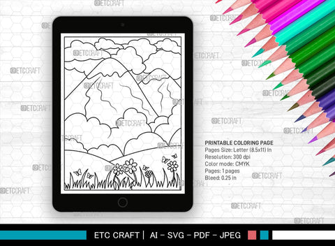 Nature With Mountains Printable Coloring Page, PDF Colouring Book, Instant Download, CBP00003 SVG ETC Craft 