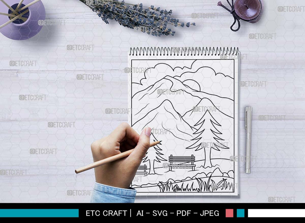 Nature With Mountains Printable Coloring Page, PDF Colouring Book ...