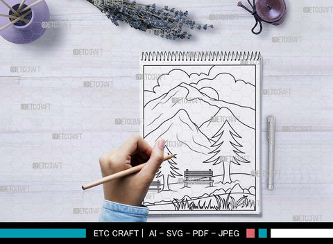 Nature With Mountains Printable Coloring Page, PDF Colouring Book, Instant Download, CBP00003 SVG ETC Craft 