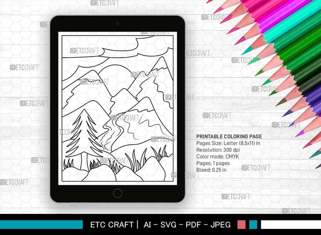 Nature With Mountains Printable Coloring Page, PDF Colouring Book, Instant Download, CBP00003 SVG ETC Craft 