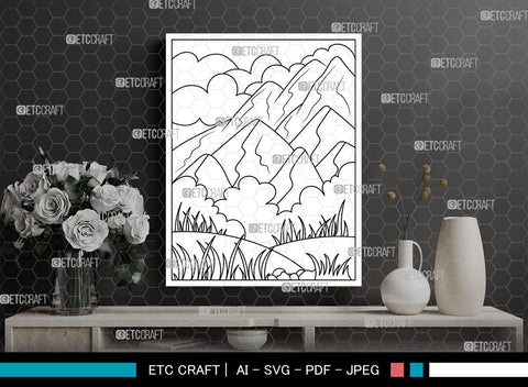 Nature With Mountains Printable Coloring Page, PDF Colouring Book, Instant Download, CBP00003 SVG ETC Craft 