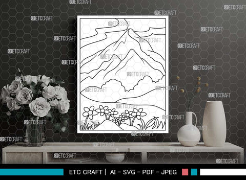 Nature With Mountains Printable Coloring Page, PDF Colouring Book, Instant Download, CBP00003 SVG ETC Craft 