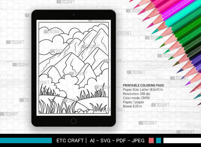 Nature With Mountains Printable Coloring Page, PDF Colouring Book, Instant Download, CBP00003 SVG ETC Craft 