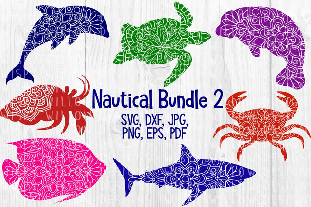 Nautical Mandala Bundle 2 | Turtle | Fish | Crab | Dolphin | Manatee | Shark SVG Wispy Willow Designs