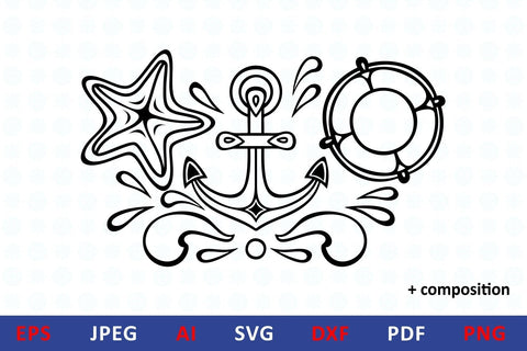 Nautical Sea life svg icon bundle underwater dxf vector illustrations Fish, wheel, anchor, boat, sailboat, starfish, seahorse, lifebuoy and compass. Summer clipart SVG Zoya Miller 