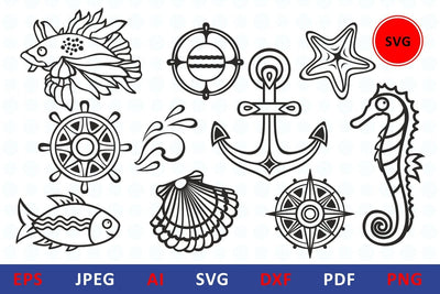 Nautical Sea life svg icon bundle underwater dxf vector illustrations Fish, wheel, anchor, boat, sailboat, starfish, seahorse, lifebuoy and compass. Summer clipart SVG Zoya Miller 