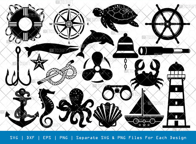 Nautical SVG Cut Files, Nautical Silhouette, Sea Shell Svg, Anchor Svg, Whale Svg, Boat Svg, Turtle Svg, Octopus Svg, Nautical Bundle, SVG ETC Craft 