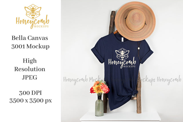 Navy Bella Canvas 3001 Mockup, Hanging Ladder Mockup, Women's T-Shirt Mockup Mock Up Photo Honeycomb Mockups 