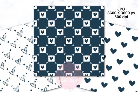 Navy Blue and White Valentines Digital Papers Backgrounds Set Digital Pattern SineDigitalDesign 