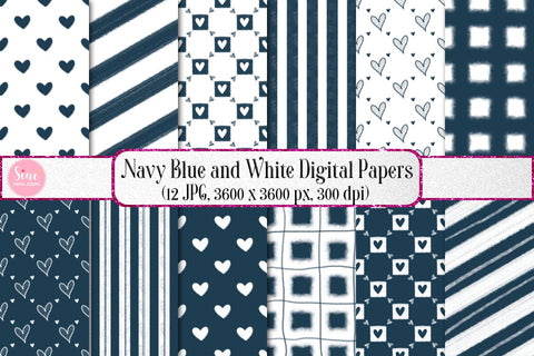 Navy Blue and White Valentines Digital Papers Backgrounds Set Digital Pattern SineDigitalDesign 