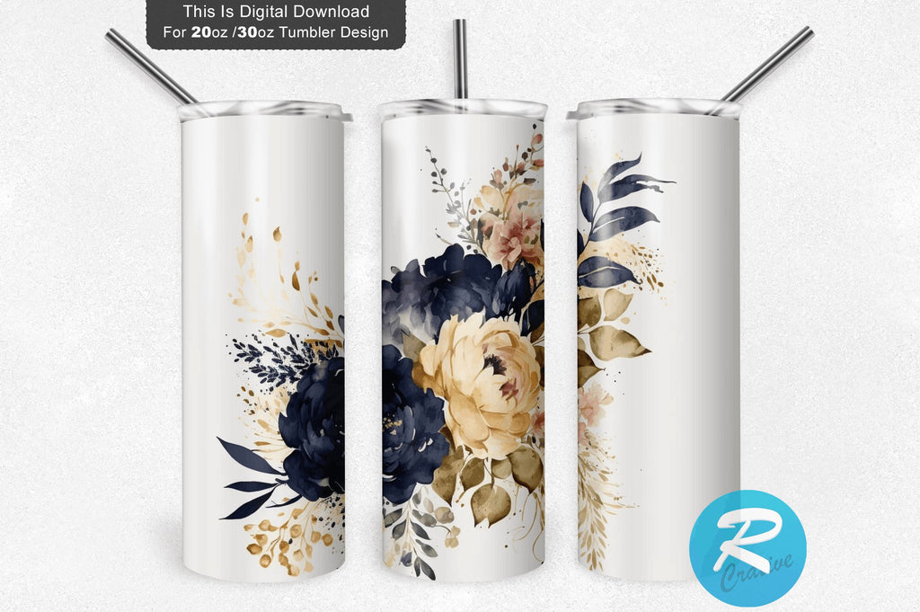 Navy Floral Wedding Flowers 20 oz / 30 oz Tumbler PNG - So Fontsy