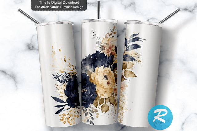 Navy Floral Wedding Flowers 20 oz / 30 oz Tumbler PNG Sublimation Regulrcrative 