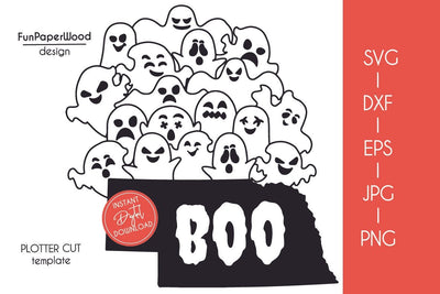 Nebraska NE state map Cute Halloween Boo scary ghosts faces SVG DXF EPS PNG JPEG SVG FunPaperWood 