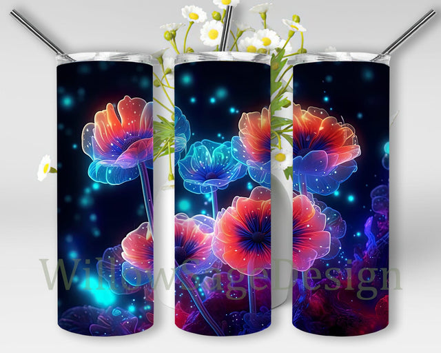 Neon Anemones 20oz Skinny Tumbler Png, Pastel Swan Gerbera Daisies Anemones Tumbler, Neon Rainbow Swan Gerbera Daisies Anemones Tumbler Sublimation WillowSageDesign 