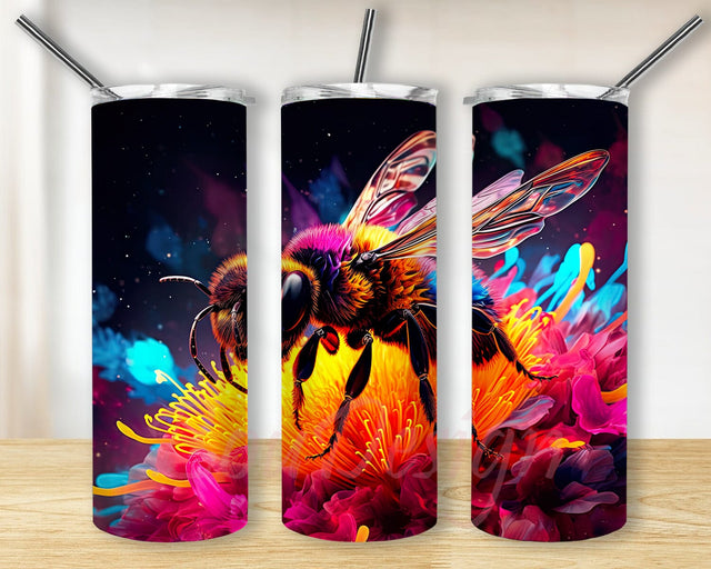 Neon Bee On Flowers 20oz Skinny Tumbler Sublimation Design, Neon Bee Tumbler, Bee Floral Embroidery Tumbler, Bee Floral Tumbler Wrap, Digital download Sublimation BouDesign 