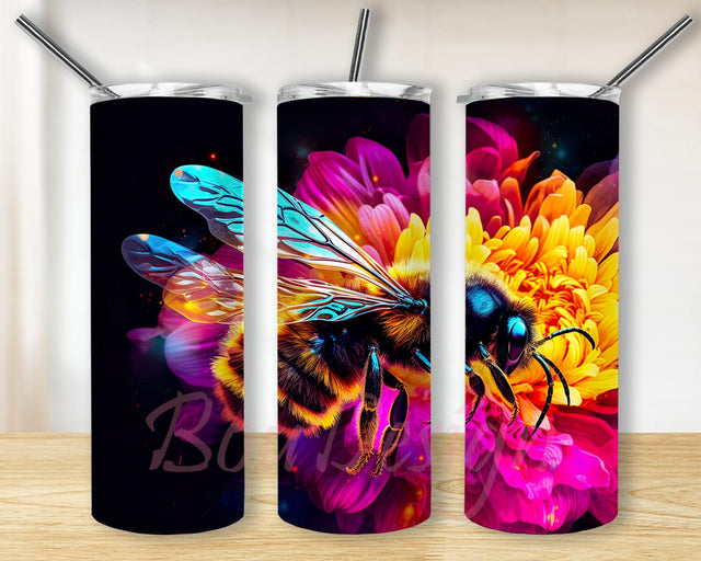 Neon Bee On Flowers 20oz Skinny Tumbler Sublimation Design, Neon Bee Tumbler, Bee Floral Embroidery Tumbler, Bee Floral Tumbler Wrap, Digital download Sublimation BouDesign 