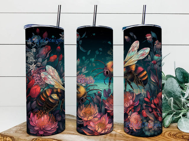 Neon Bees 20oz Skinny Tumbler Png, Flying Bee Neon Sublimation Tumbler, Bee Floral Embroidery Tumbler, Bee Floral Tumbler Wrap, Digital download Sublimation iStyleDesign 