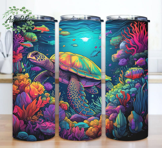 Neon Bright Colors Rainbow Floral Colorful Turtle Undersea Creatures Landscape 20oz Skinny Tumbler Png, Neon Turtle Tumbler, Ocean Tumbler, Turtles Lover Tumbler Sublimation AdriOP 