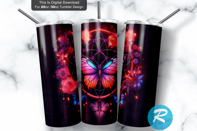 Neon Butterfly Dreamcatchers 20 oz / 30 oz Tumbler PNG Sublimation Regulrcrative 