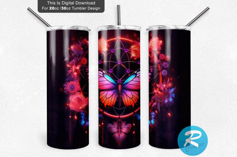 Neon Butterfly Dreamcatchers 20 oz / 30 oz Tumbler PNG Sublimation Regulrcrative 