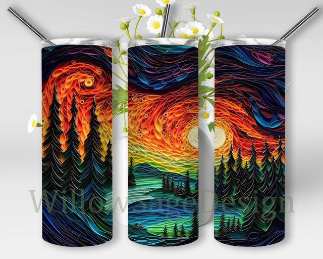 Neon Colored Northern Lights Scene 20oz Skinny Tumbler Png, Straight Tumbler Wrap, 3D Colorful Northern Lights Tumbler, Colorful Northern Lights Png Sublimation WillowSageDesign 