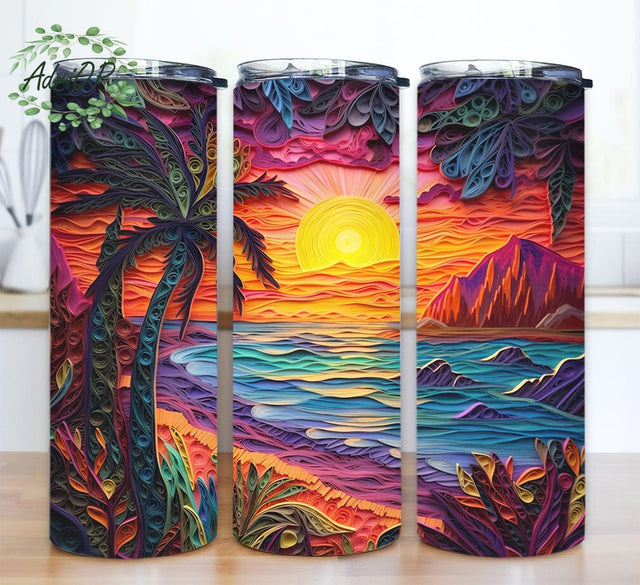 Neon Colored Tropical Beach 20oz Skinny Tumbler Png, 3D Neon Beach Sunset Tumbler, 3D Carved Beach Life Neon Palm Tree, Beach Landscape Png Sublimation AdriOP 