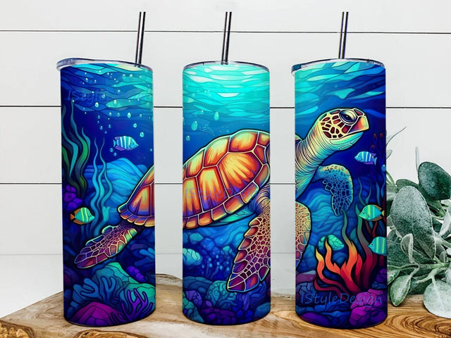 Neon Colorful Turtle Undersea Creatures Landscape 20oz Skinny Tumbler Png, Neon Turtle Tumbler, Ocean Tumbler, Turtles Lover Tumbler Sublimation iStyleDesign 