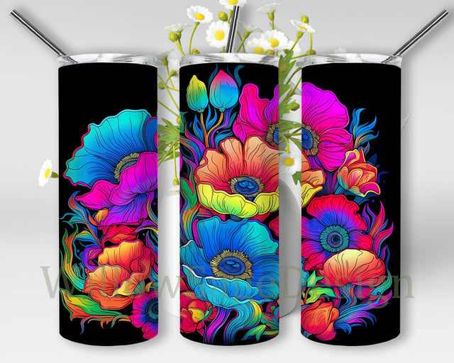 Neon Colors Beautiful Anemone Flowers 20oz Skinny Tumbler Png, Neon Rainbow Flowers Tumbler Wrap, Neon Colors Sublimation, Flowers Tumbler Sublimation WillowSageDesign 