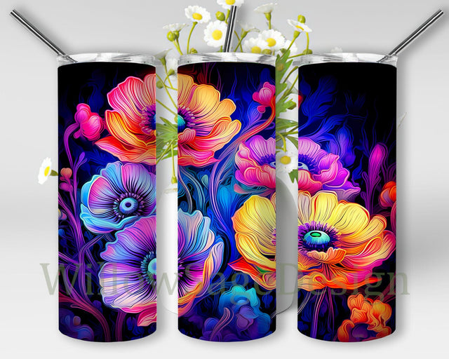 Neon Colors Beautiful Anemone Flowers 20oz Skinny Tumbler Png, Neon Rainbow Flowers Tumbler Wrap, Neon Colors Sublimation, Flowers Tumbler Sublimation WillowSageDesign 