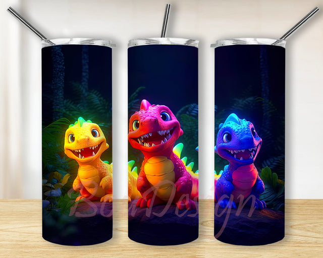 Neon Colors Three Dinosaurs 20oz Skinny Tumbler Png, Three Cartoon Baby Dinosaurs Png, Watercolor Dinosaurs Tumbler, Bright Neon Tumbler Wrap Png Sublimation BouDesign 
