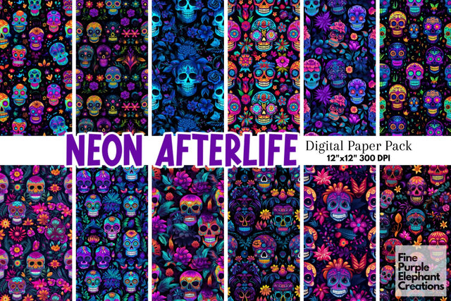 Neon Day of the Dead | Día de Los Muertos Sugar Skulls Digital Pattern Fine Purple Elephant Creations 