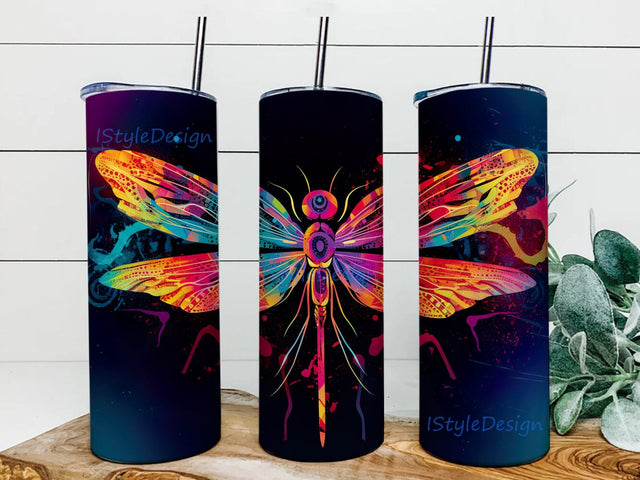 Neon Dragonfly 20oz Skinny Tumbler Png, Stained Glass Neon Dragonflies Png, Dark Neon Dragonfly Tumbler, Neon Rainbow Dragonfly Design Tumbler Png Sublimation iStyleDesign 