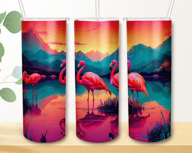 Neon Flamingo 20oz Skinny Tumbler Png, Beautiful Flamingos Framed With Mountains And Lake Tumbler, Flamingos Tumbler, Flamingo Animal Lover Gift Sublimation sassyprint 