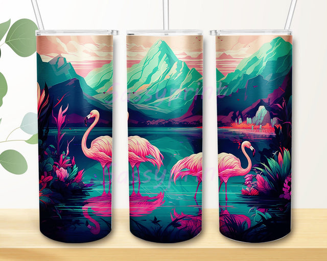 Neon Flamingo 20oz Skinny Tumbler Png, Beautiful Flamingos Framed With Mountains And Lake Tumbler, Flamingos Tumbler, Flamingo Animal Lover Gift Sublimation sassyprint 