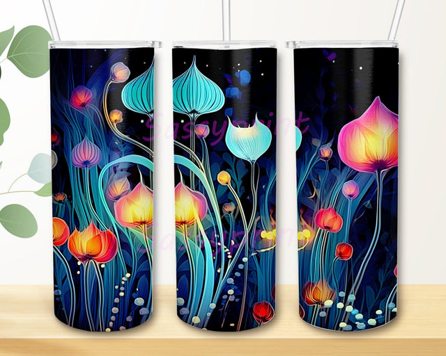 Neon Flowers 20oz Skinny Tumbler Png, Fantasy Flowers Night By Gbeaudreur, Fantasy Flowers Night Tumbler, Galaxy Aurora Neon Rainbow Tumbler, Magic Neon Flowers Png Sublimation sassyprint 