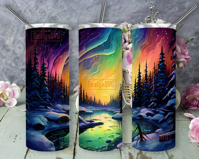 Neon Forest And River 20oz Skinny Tumbler Png, Nature Drawing Tumbler, Forest Landscape Tumbler, Forest Waterfall Tumbler, Forest Stream Nature Tumbler Sublimation DesignSVG 
