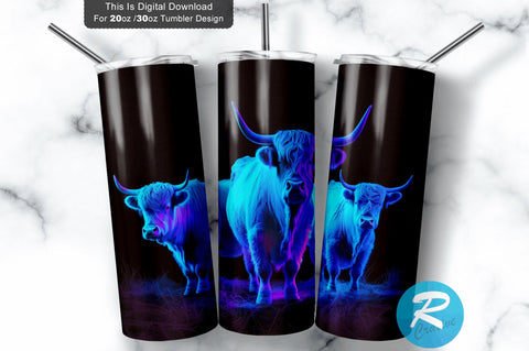 Neon Highland Cattle 20 Oz / 30 Oz Tumbler PNG Sublimation Regulrcrative 