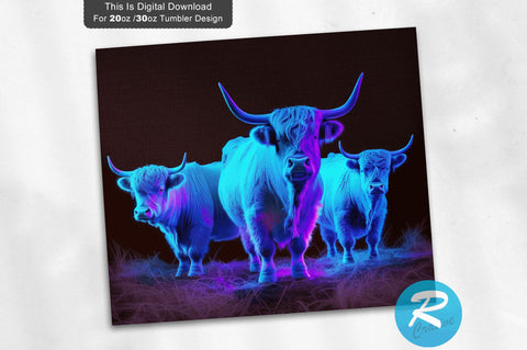 Neon Highland Cattle 20 Oz / 30 Oz Tumbler PNG Sublimation Regulrcrative 