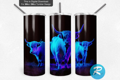 Neon Highland Cattle 20 Oz / 30 Oz Tumbler PNG Sublimation Regulrcrative 