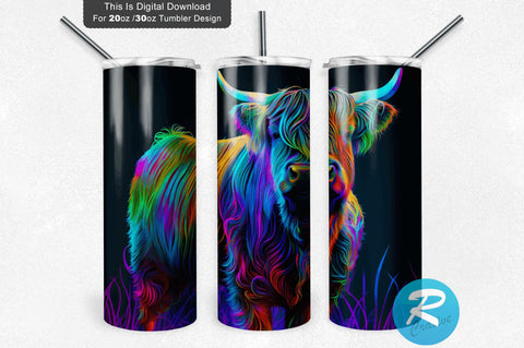 Neon Highland Cow 20 Oz / 30 Oz Tumbler PNG Sublimation Regulrcrative 